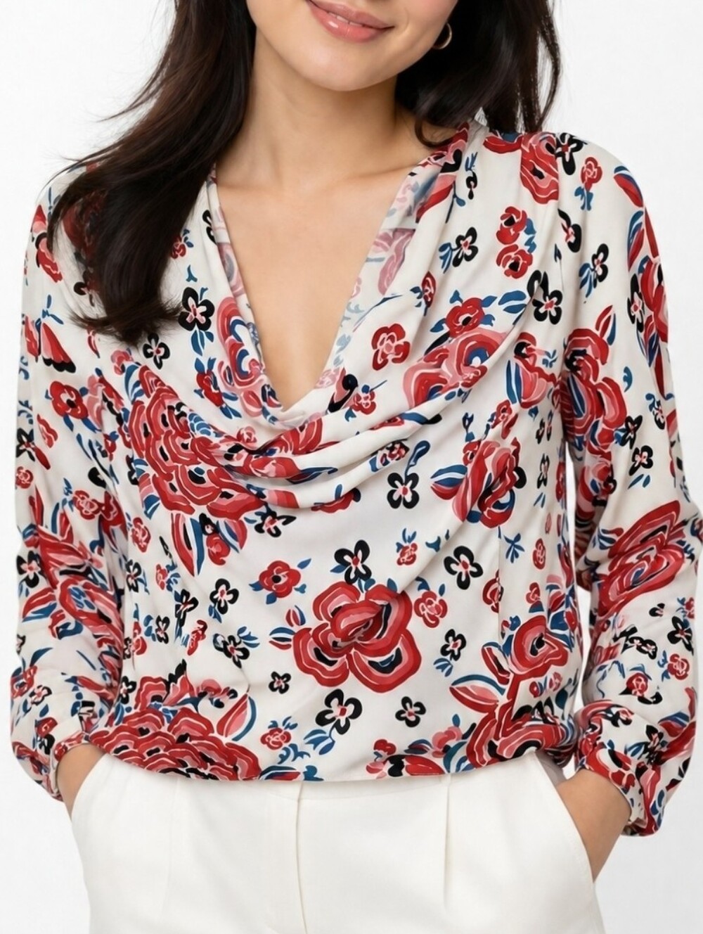 Rebecca De Ravenel 100% Silk Red Floral Cowl-Neck Cream Floral Blouse  Size 4
